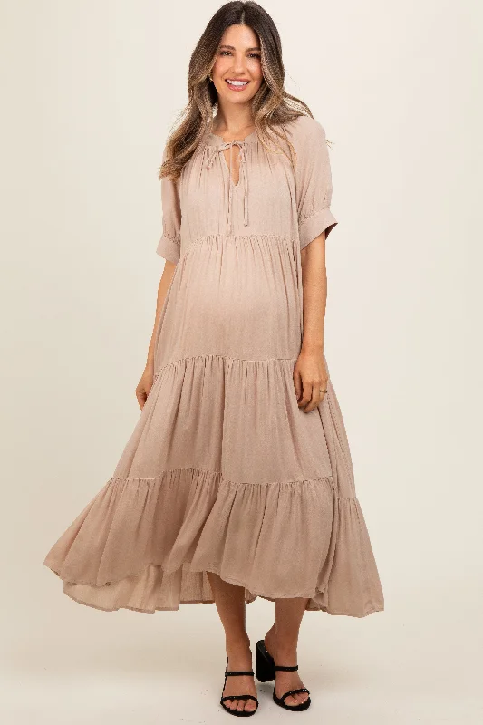 Mocha Lightweight Flowy Tiered Maternity Maxi Dress Elegant Maxi Dress with Pockets