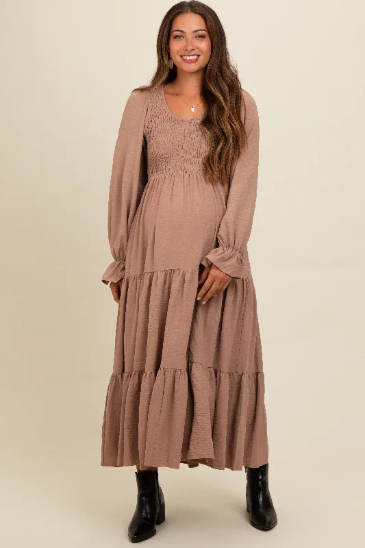 Mocha Smocked Tiered Long Sleeve Maternity Maxi Dress Elegant Maxi Dress with Drapes