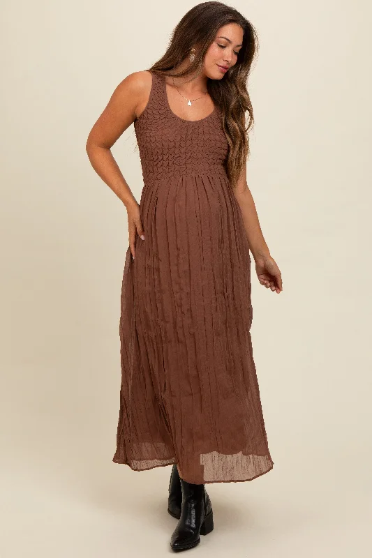 Mocha Textured Smocked Bodice Sleeveless Maternity Maxi Dress Fashionable Halter Neck Maxi Dress