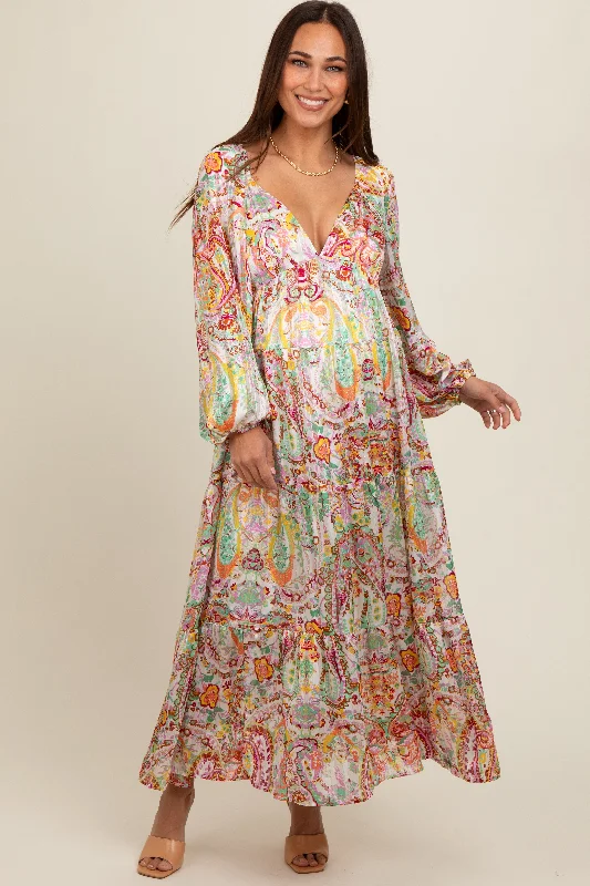 Multi-Color Floral Metallic Striped Tiered Long Puff Sleeve Maternity Maxi Dress Stylish A-Line Maxi Dress