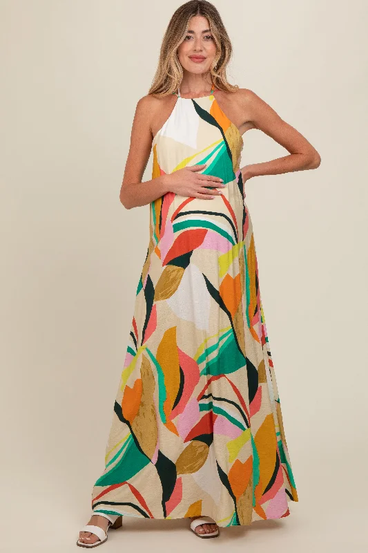 Multicolor Abstract Print Halter Maternity Maxi Dress Comfortable Plunging Neckline Maxi Dress