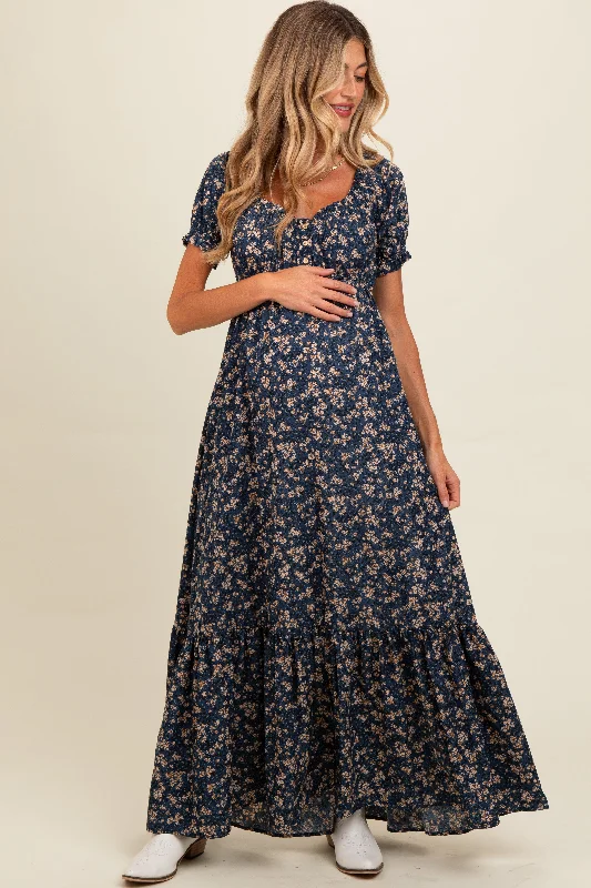 Navy Blue Floral Button Accent Maternity Maxi Dress Comfortable Fit-and-Flare Maxi Dress