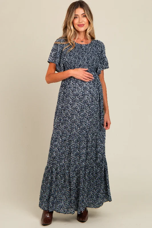 Navy Blue Floral Smocked Flutter Sleeve Maternity Maxi Dress Stylish Maxi Dress with Frills