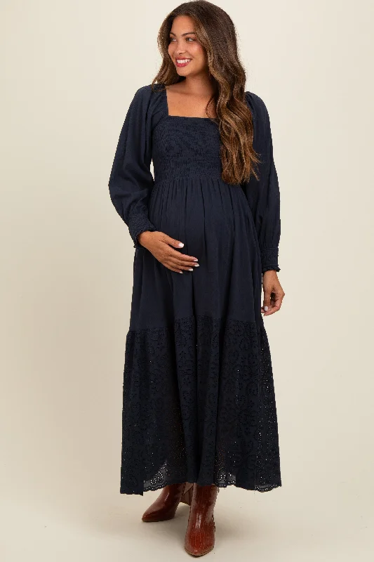 Navy Blue Smocked Eyelet Lace Hem Maternity Maxi Dress Cozy Open-Back Maxi Dress