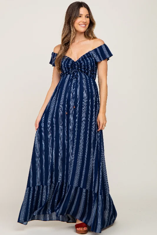 Navy Blue Striped Off Shoulder Front Tie Maternity Maxi Dress Comfortable Bohemian Maxi Dress