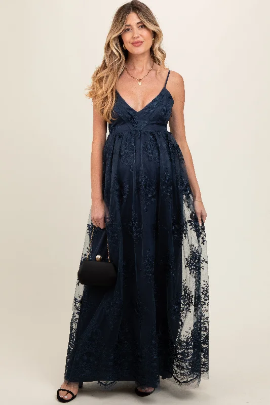 Navy Floral Lace Overlay Maternity Maxi Dress Chic Boho Print Maxi Dress