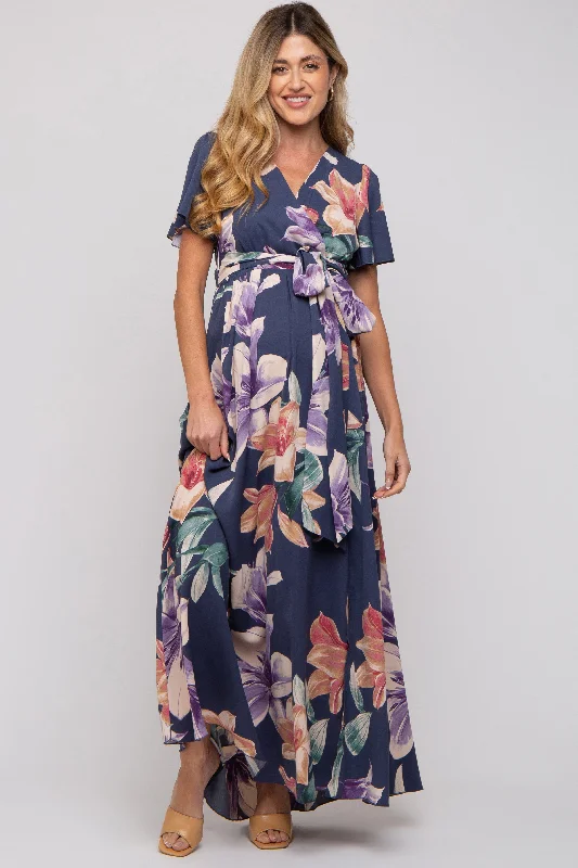 Navy Floral Wrap V-Neck Maternity Maxi Dress Comfortable Plunging Neckline Maxi Dress