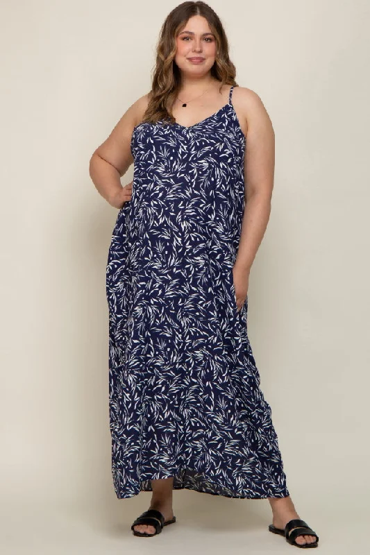 Navy Leaf Print Double V-Neck Maternity Plus Maxi Dress Stylish Empire Waist Maxi Dress