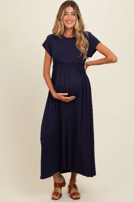 Navy Ruffle Trim Maternity Maxi Dress Cozy Knit Maxi Dress