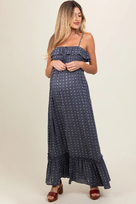 Navy Smocked Sleeveless Floral Maternity Maxi Dress Elegant Sleeveless Maxi Dress