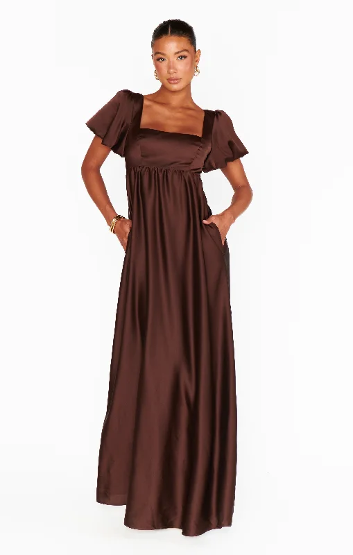 Nora Maxi Dress ~ Chocolate Luxe Satin Fashionable Chiffon Tiered Maxi Dress