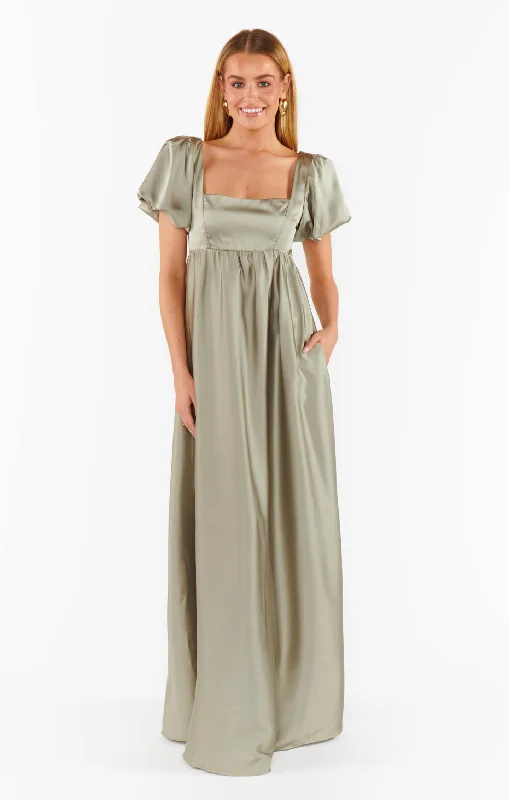 Nora Maxi Dress ~ Moss Green Luxe Satin Fashionable Button-Down Maxi Dress