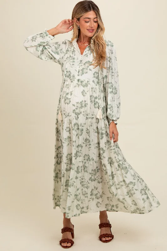 Olive Floral Button Front Tiered Long Sleeve Maternity Maxi Dress Fashionable Chiffon Maxi Dress