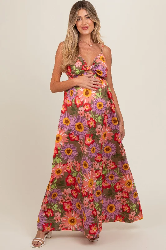 Olive Floral Cutout V-Neck Maternity Maxi Dress Elegant Pleated Maxi Dress