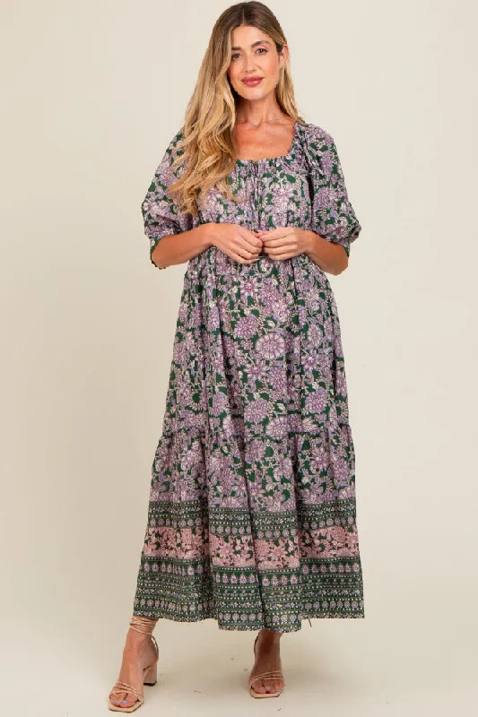 Olive Floral Paisley Cinched Neckline Maternity Maxi Dress Comfortable Flowy Maxi Dress