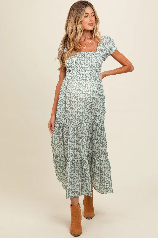 Olive Floral Puff Sleeve Smocked Maternity Maxi Dress Trendy Satin Maxi Dress