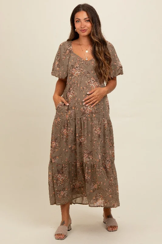 Olive Floral Tiered Puff Sleeve Maternity Maxi Dress Cozy Spaghetti Strap Maxi Dress