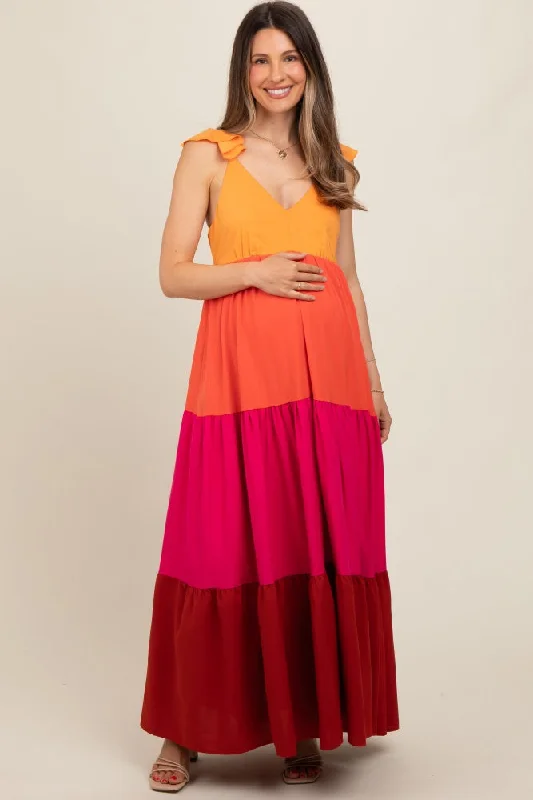 Orange Colorblock Tiered Ruffle Strap Maternity Maxi Dress Trendy Maxi Dress with Bow