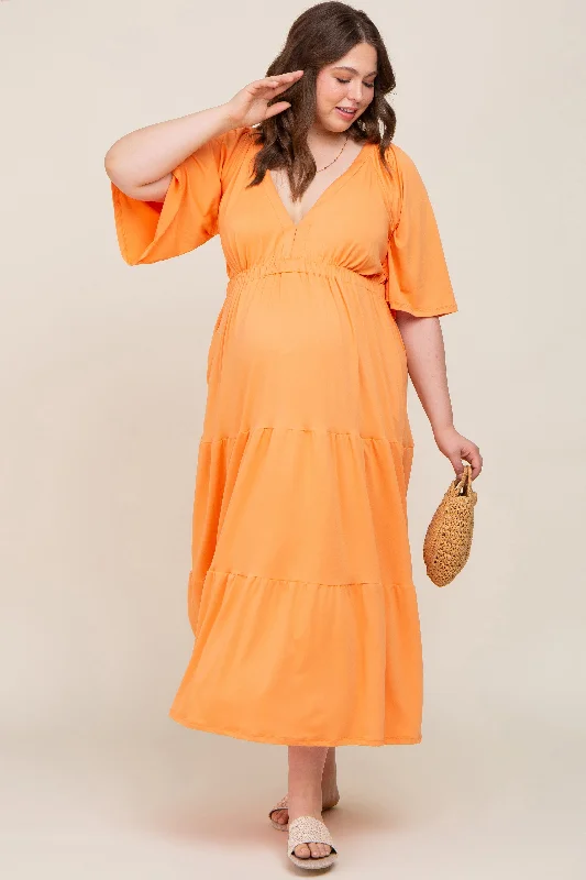 Orange Deep V-Neck Tiered Maternity Plus Maxi Dress Elegant Boho Maxi Dress