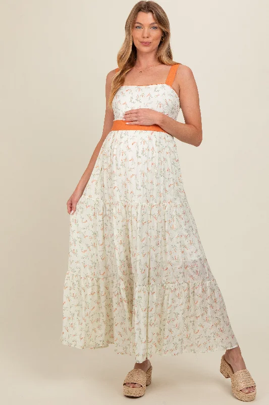 Orange Floral Contrast Sash Tie Maternity Maxi Dress Stylish A-Line Maxi Dress