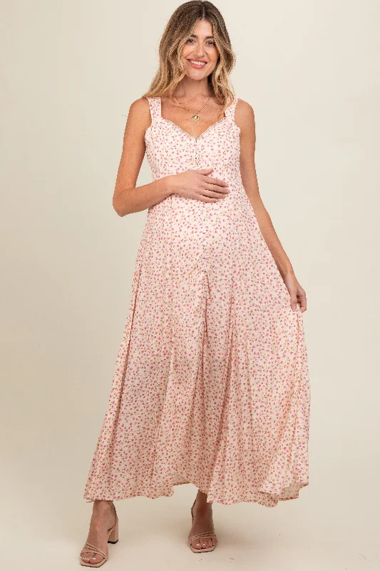 Peach Floral Button Down Maternity Maxi Dress Comfortable Bohemian Maxi Dress