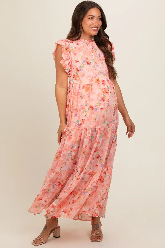 Peach Floral Chiffon Ruffle Shoulder Tiered Maternity Maxi Dress Cozy Cold-Shoulder Maxi Dress