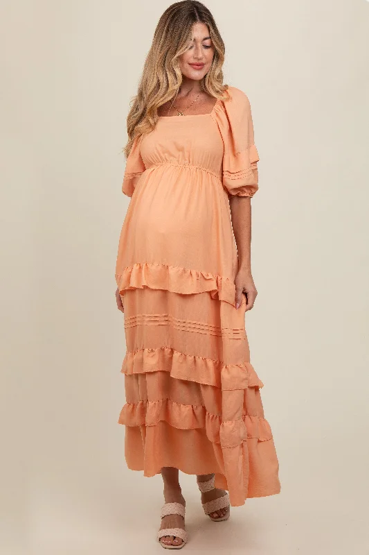 Peach Ruffle Tiered Maternity Maxi Dress Stylish Long Sleeve Maxi Dress