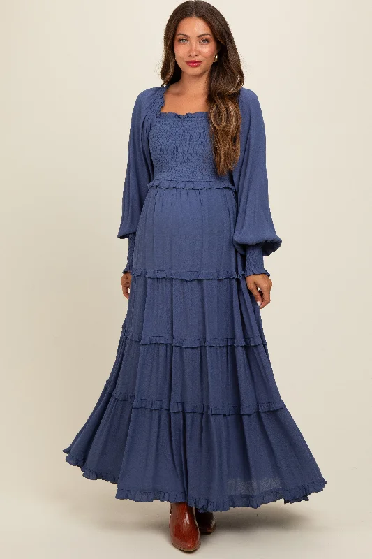 Periwinkle Smocked Long Sleeve Ruffle Tiered Maternity Maxi Dress Chic Summer Floral Maxi Dress