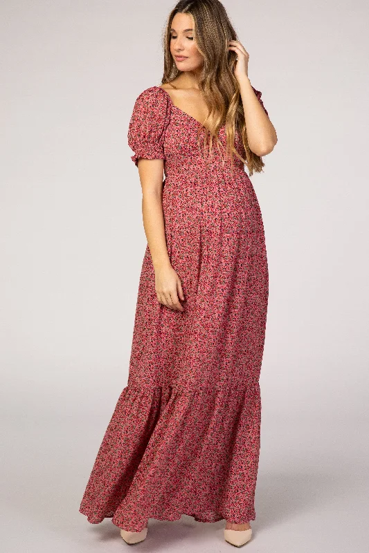 Pink Floral Puff Sleeve Maternity Maxi Dress Classic Solid Maxi Dress