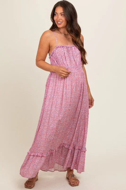 Pink Floral Ruffle Square Neck Smocked Waist Maternity Maxi Dress Trendy V-Neck Maxi Dress