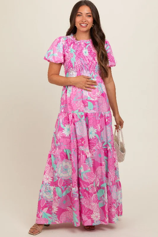 Pink Floral Smocked Short Puff Sleeve Tiered Maternity Maxi Dress Stylish Button-Up Maxi Dress