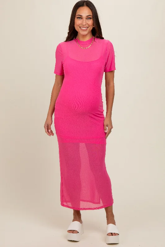 Pink Layered Mesh Maternity Maxi Dress Elegant Pleated Maxi Dress