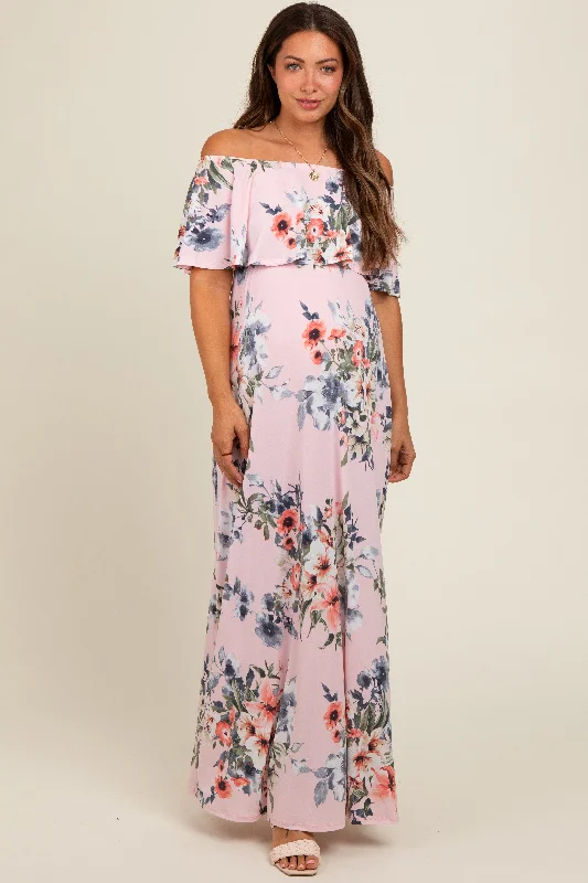 Pink Off Shoulder Floral Ruffle Maternity Maxi Dress Elegant Boho Maxi Dress