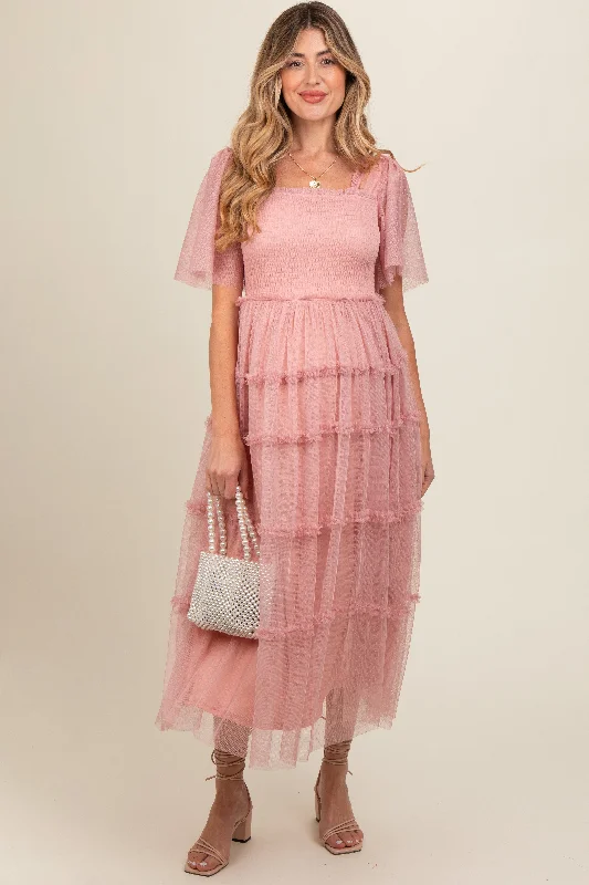 Pink Ruffled Mesh Maternity Maxi Dress Fashionable High-Low Maxi Dress