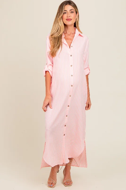 Pink Striped Button Down Maternity Maxi Dress Cozy Spaghetti Strap Maxi Dress