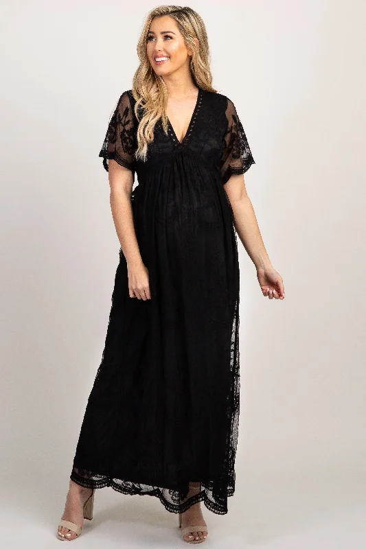 PinkBlush Black Lace Mesh Overlay Maternity Maxi Dress Cozy Knitted Maxi Dress