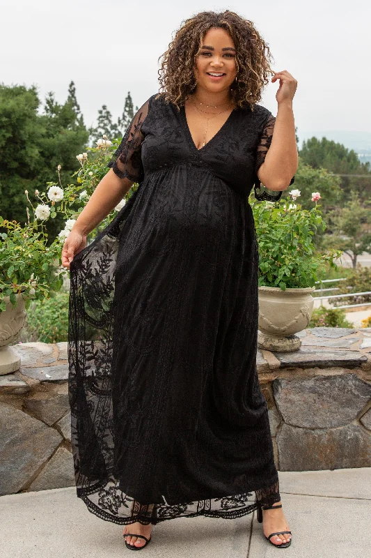 PinkBlush Black Lace Mesh Overlay Maternity Plus Maxi Dress Classic A-Line Maxi Dress