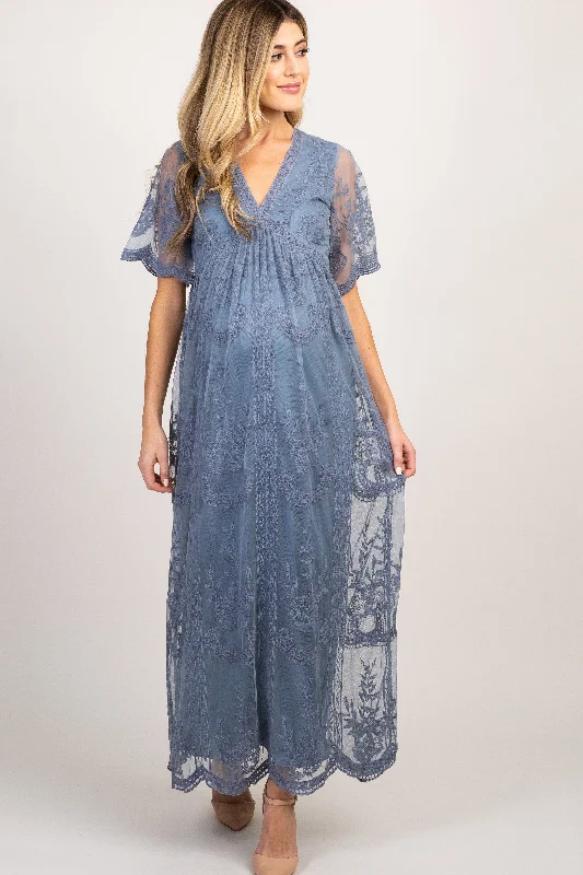 PinkBlush Blue Lace Mesh Overlay Maternity Maxi Dress Chic Boho Print Maxi Dress