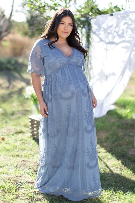 PinkBlush Blue Lace Mesh Overlay Plus Maternity Maxi Dress Trendy Satin Maxi Dress