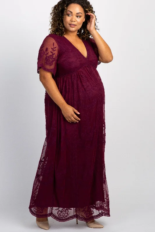 PinkBlush Burgundy Lace Mesh Overlay Plus Maternity Maxi Dress Trendy V-Neck Maxi Dress