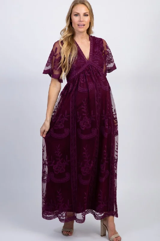 PinkBlush Deep Burgundy Lace Mesh Overlay Maternity Maxi Dress Fashionable Button-Down Maxi Dress