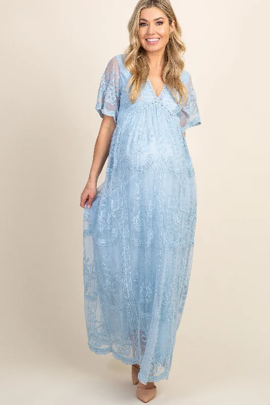 PinkBlush Light Blue Lace Mesh Overlay Maternity Maxi Dress Classic Strapless Maxi Dress