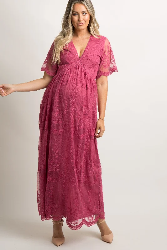 PinkBlush Magenta Lace Mesh Overlay Maternity Maxi Dress Stylish Longline Maxi Dress