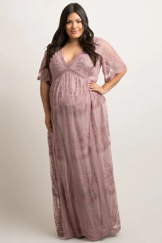 PinkBlush Mauve Lace Mesh Overlay Plus Maternity Maxi Dress Elegant Sleeveless Maxi Dress