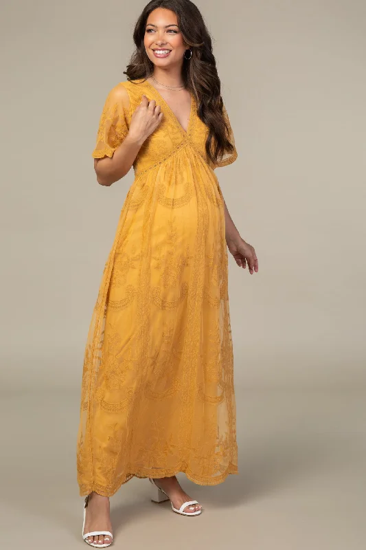 PinkBlush Mustard Lace Mesh Overlay Maternity Maxi Dress Chic Sleeveless Maxi Dress