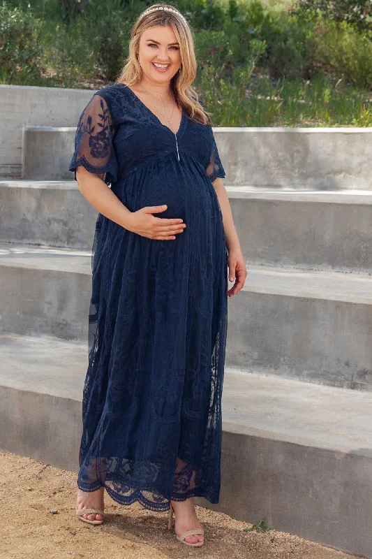 PinkBlush Navy Lace Mesh Overlay Plus Maternity Maxi Dress Comfortable Casual Maxi Dress