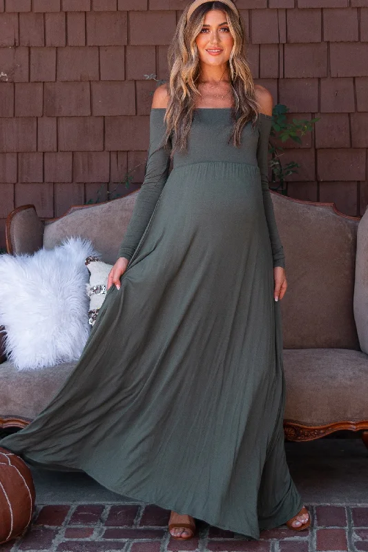 PinkBlush Petite Olive Solid Off Shoulder Maternity Maxi Dress Fashionable Printed Maxi Dress