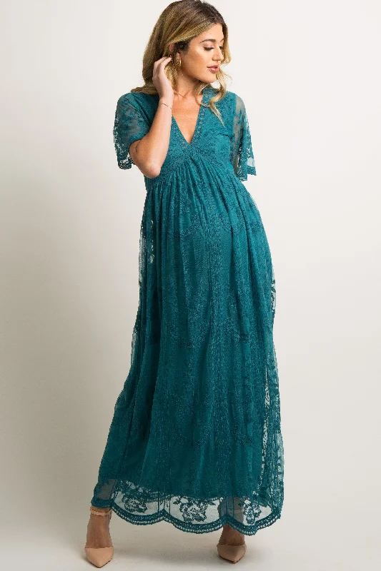 PinkBlush Teal Lace Mesh Overlay Maternity Maxi Dress Stylish Boho Chic Maxi Dress