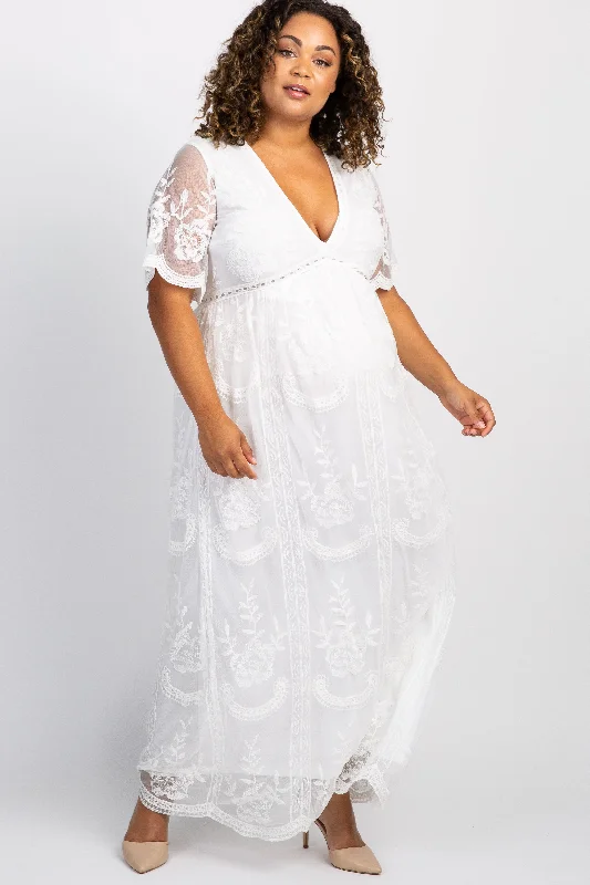 PinkBlush White Lace Mesh Overlay Plus Maternity Maxi Dress Stylish Maxi Dress with Frills