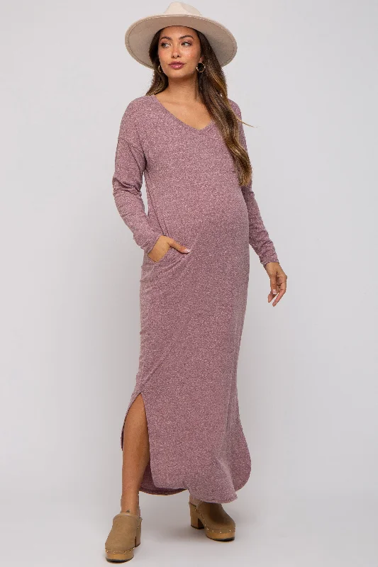 Plum Heathered Pocketed Long Sleeve Maternity Maxi Dress Fashionable Faux Wrap Maxi Dress